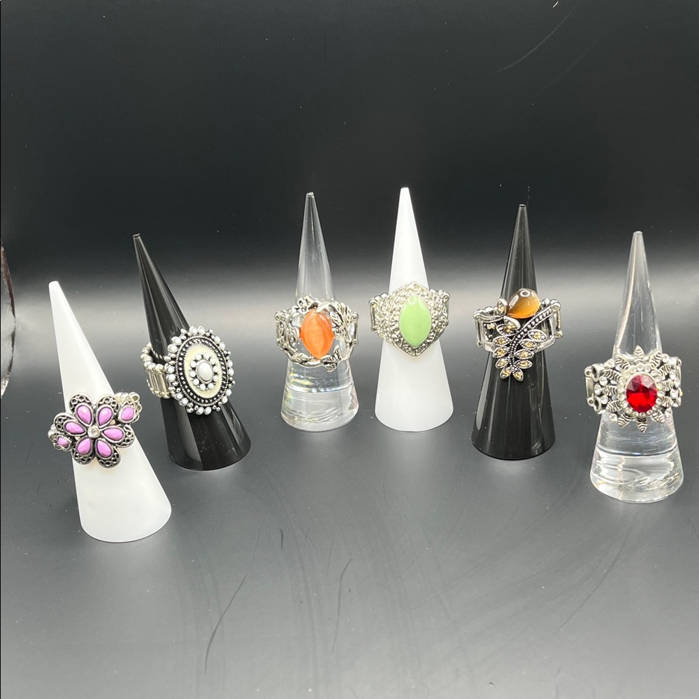 6 Stretchy Assorted Vintage-Style Women's Gemstone Rings - Multi Color